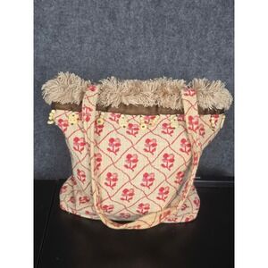 VTG Floral Tapestry Tote Bag Faux Fur Trim Wooden Beads Unique Purse Cottagecore